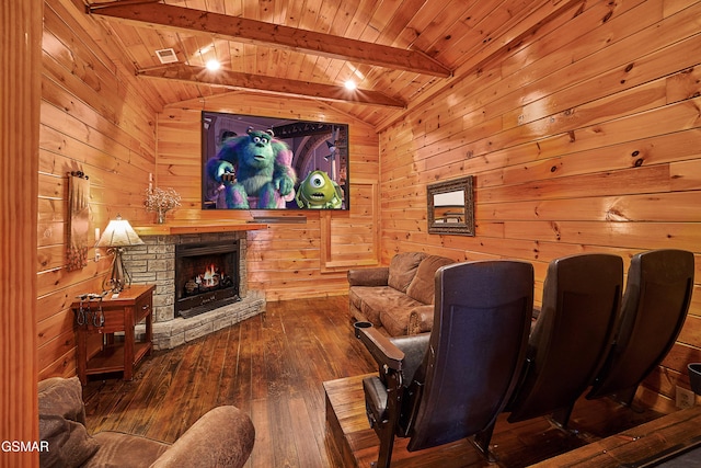 home theater room with wooden walls, lofted ceiling with beams, wood-type flooring, a stone fireplace, and wood ceiling