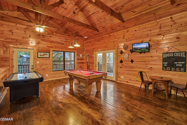 recreation room with wooden ceiling, wood walls, billiards, and hardwood / wood-style flooring