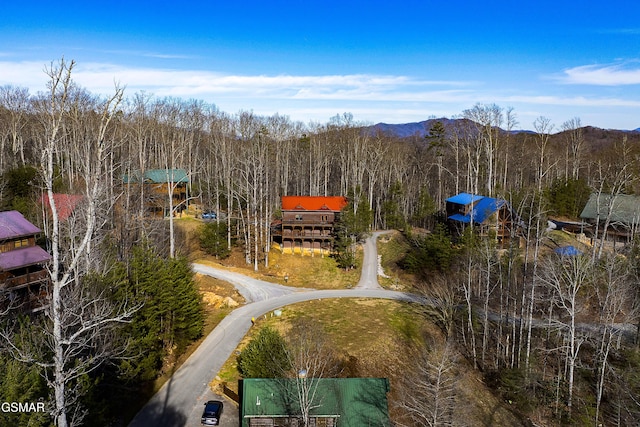 drone / aerial view with a mountain view and a wooded view
