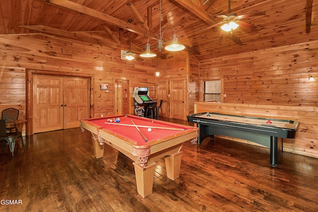 recreation room featuring billiards, wood ceiling, wood walls, and wood finished floors