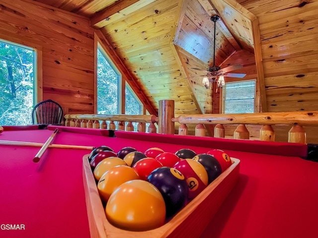 rec room featuring vaulted ceiling with beams, billiards, wooden walls, and wood ceiling