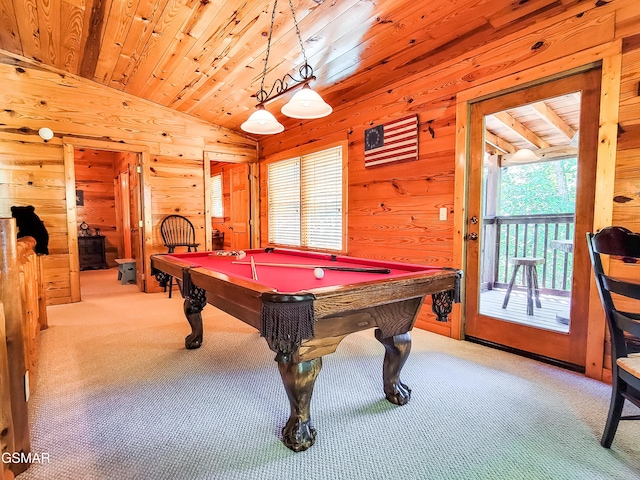 recreation room with light colored carpet, pool table, wooden ceiling, lofted ceiling, and wood walls