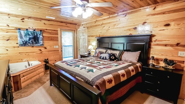 carpeted bedroom featuring ceiling fan, wooden ceiling, and wooden walls