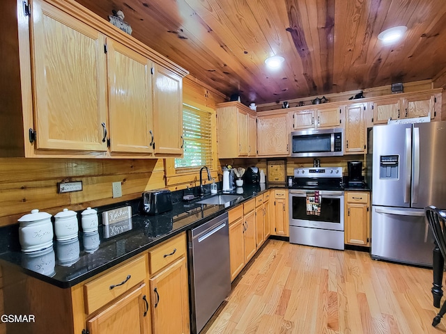 kitchen with sink, wooden ceiling, stainless steel appliances, light hardwood / wood-style flooring, and dark stone countertops