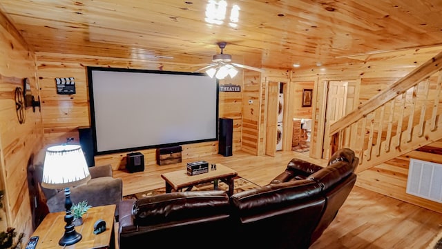 cinema with wooden walls, stacked washer / dryer, and wooden ceiling