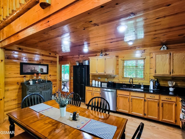 kitchen featuring light wood-type flooring, sink, wooden ceiling, dishwasher, and wood walls