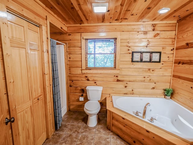 bathroom with wooden walls, independent shower and bath, wooden ceiling, tile patterned flooring, and toilet