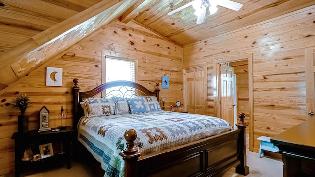 bedroom featuring vaulted ceiling with beams, ceiling fan, wood ceiling, and wood walls