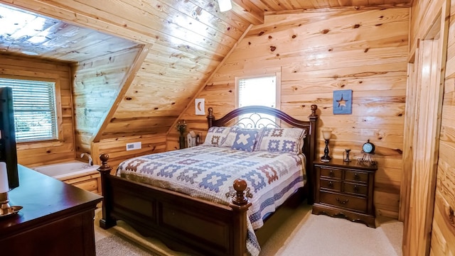 carpeted bedroom featuring lofted ceiling, wooden walls, and wood ceiling