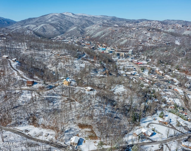 snowy aerial view featuring a mountain view