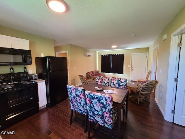 dining area with dark wood-type flooring, a wall mounted air conditioner, and baseboards