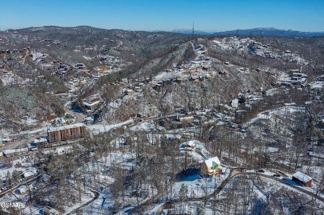 snowy aerial view featuring a mountain view