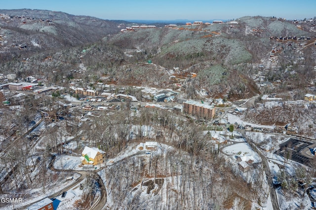 snowy aerial view featuring a mountain view