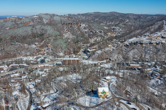 snowy aerial view featuring a mountain view