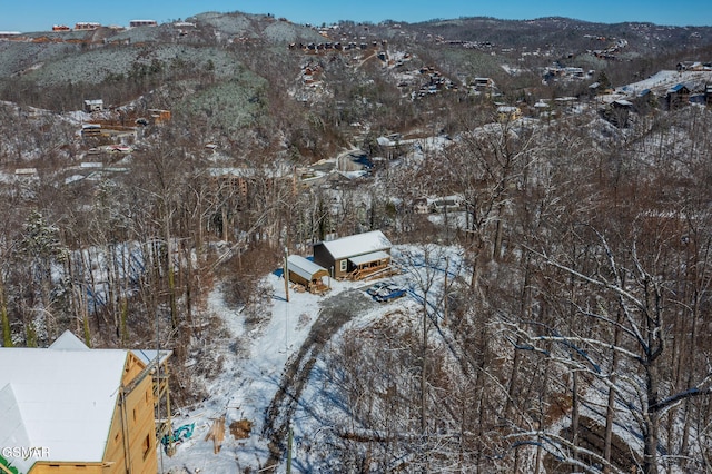 snowy aerial view with a mountain view