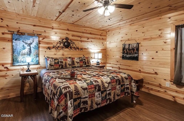 bedroom featuring wood walls, wood ceiling, ceiling fan, and wood finished floors