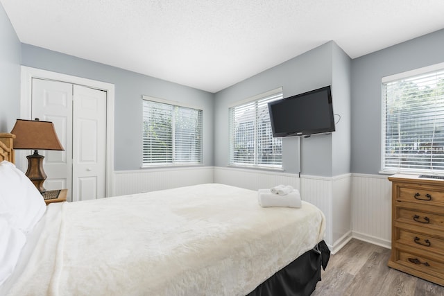 bedroom featuring light hardwood / wood-style floors, multiple windows, and a closet