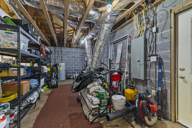 unfinished basement with electric water heater, electric panel, and concrete block wall