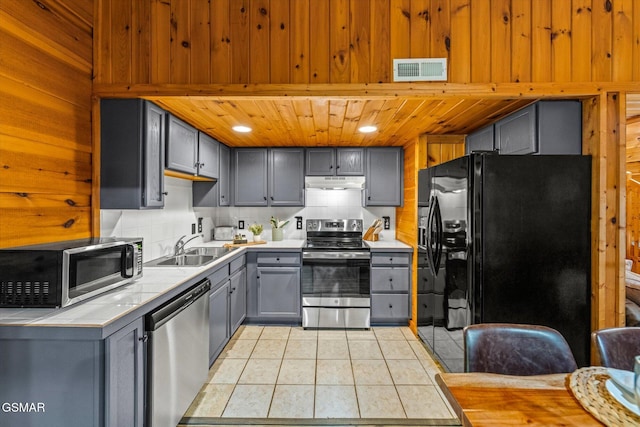 632 Morning Mist Way, Gatlinburg, TN 37738 - kitchen featuring stainless steel appliances, gray cabinets, a sink, tile countertops, and under cabinet range hood