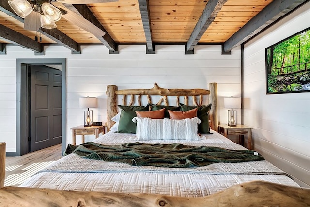 bedroom with ceiling fan, beamed ceiling, wooden ceiling, and wood walls