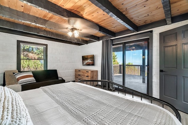 bedroom with access to outside, ceiling fan, beamed ceiling, and wood ceiling