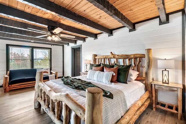 bedroom featuring hardwood / wood-style floors, wood walls, ceiling fan, beamed ceiling, and wood ceiling