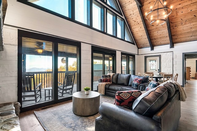 living room with hardwood / wood-style floors, high vaulted ceiling, a notable chandelier, beam ceiling, and wood ceiling