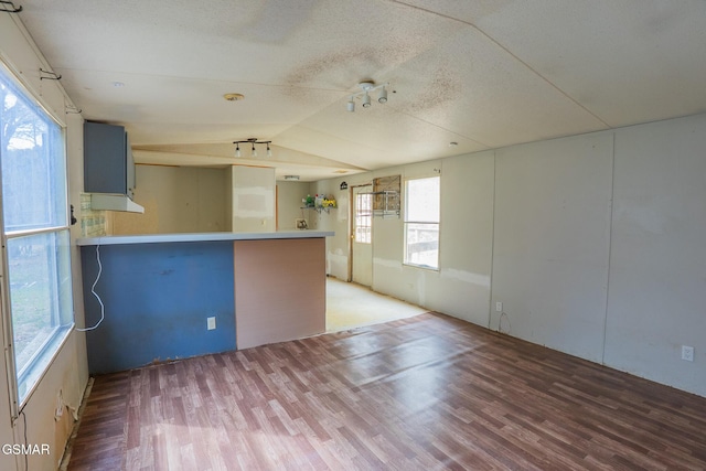 kitchen with vaulted ceiling, light wood-style floors, and a peninsula