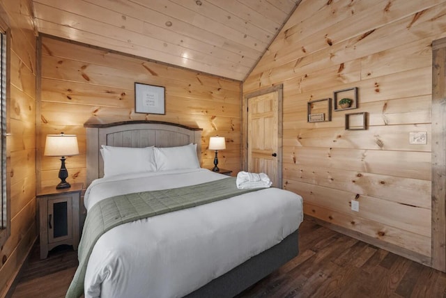 bedroom featuring wood walls, wooden ceiling, dark wood-type flooring, and lofted ceiling