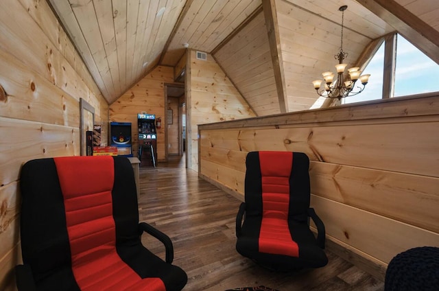 game room featuring lofted ceiling, wood finished floors, wooden ceiling, and wood walls