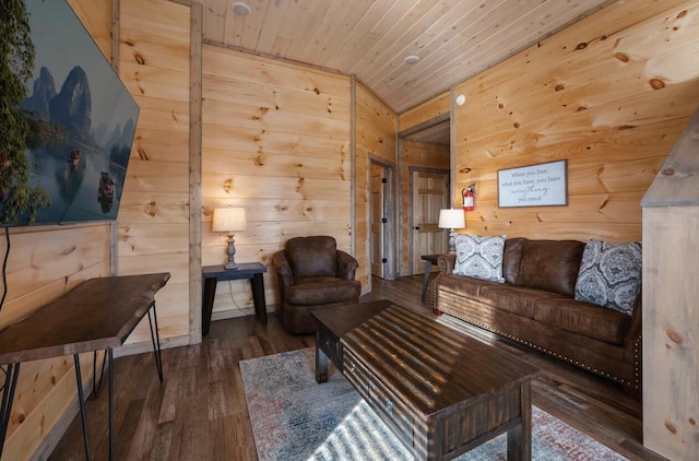 living room with wood finished floors, wood ceiling, and wood walls