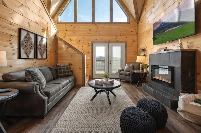 living area featuring plenty of natural light, wood walls, and a fireplace