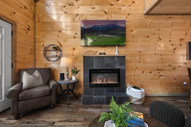 living area with wood walls, a fireplace, and wood finished floors