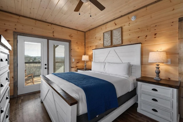 bedroom featuring ceiling fan, access to exterior, dark wood-type flooring, wood walls, and wooden ceiling