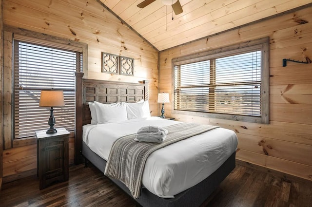 bedroom featuring wooden walls, wooden ceiling, dark wood-type flooring, and lofted ceiling