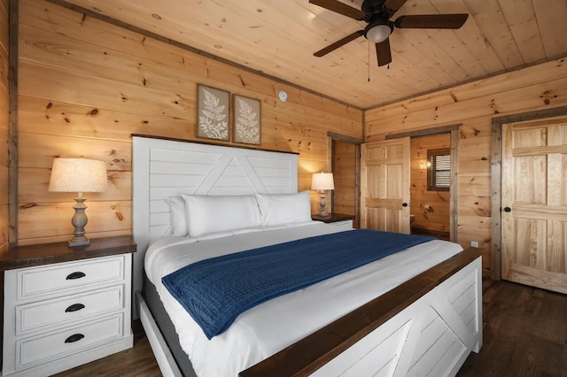 bedroom with wood ceiling, dark wood-style floors, and wood walls