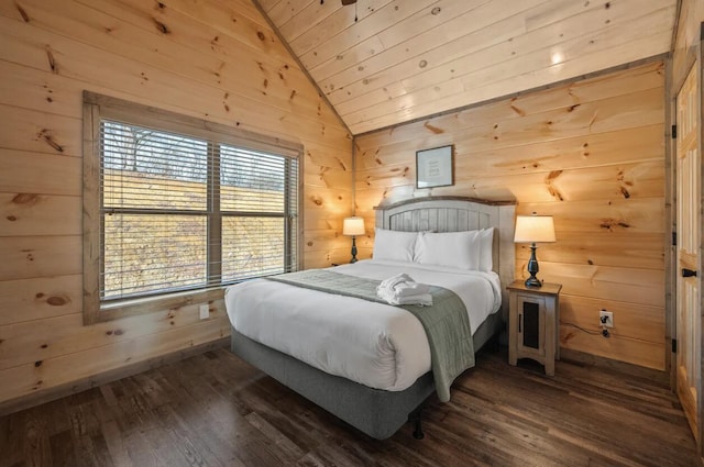 bedroom with dark wood-style flooring, wooden ceiling, wooden walls, and vaulted ceiling