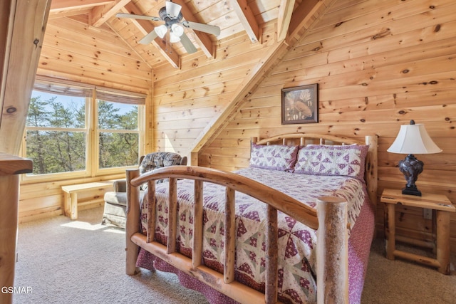 bedroom featuring lofted ceiling with beams, carpet flooring, wood ceiling, and wooden walls