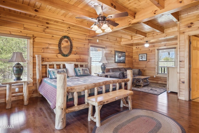 bedroom featuring wooden ceiling, multiple windows, beamed ceiling, and hardwood / wood-style flooring