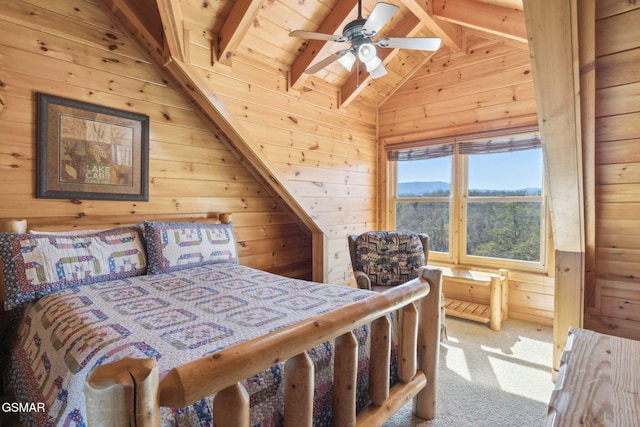 carpeted bedroom with vaulted ceiling with beams, wood walls, and wood ceiling