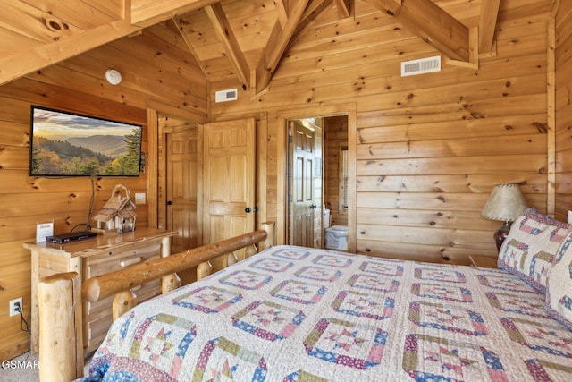 bedroom featuring wooden ceiling, visible vents, vaulted ceiling with beams, and wooden walls