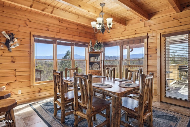 dining area featuring beamed ceiling, wood walls, wooden ceiling, and a mountain view