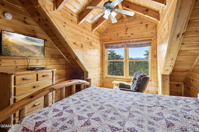 bedroom featuring vaulted ceiling with beams, wood walls, and wooden ceiling