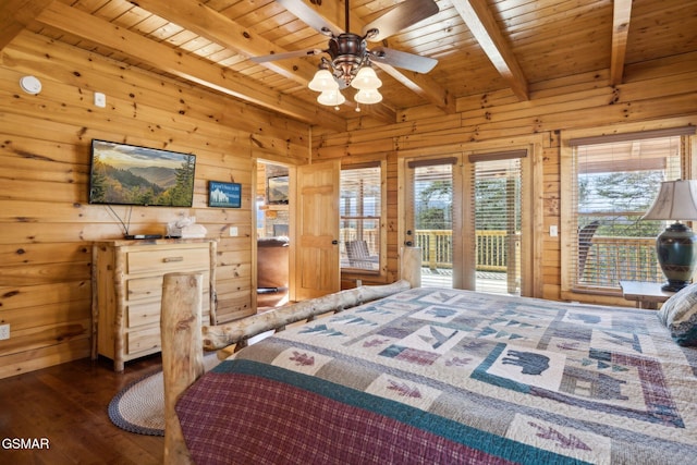 bedroom featuring wooden ceiling, wood walls, access to outside, and multiple windows