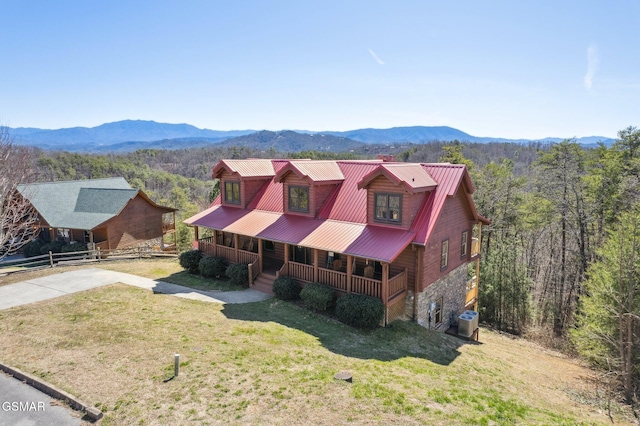 bird's eye view featuring a forest view and a mountain view