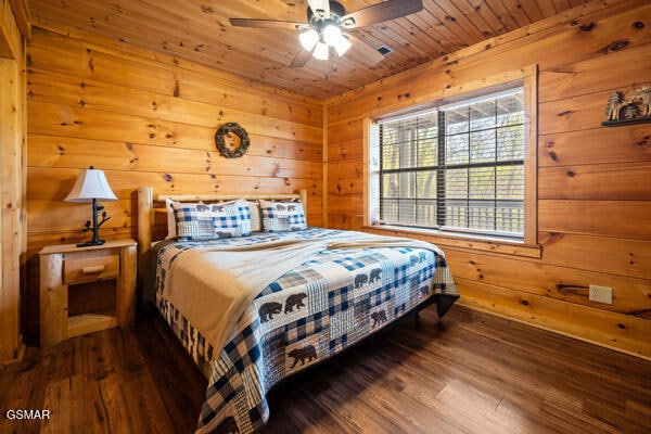 bedroom with wood walls, wooden ceiling, and wood finished floors