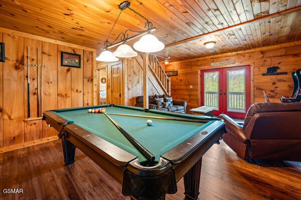 recreation room with wood ceiling, wood-type flooring, wood walls, and billiards