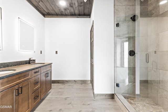 3540 Mountain Tyme Way, Sevierville, TN 37862 - full bath featuring a shower stall, wood ceiling, double vanity, wood finished floors, and baseboards