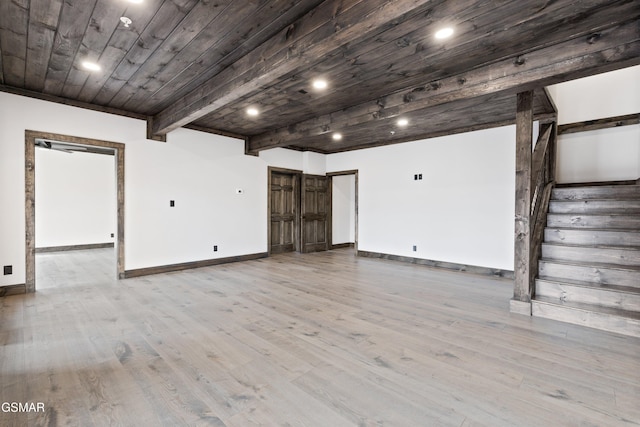 3540 Mountain Tyme Way, Sevierville, TN 37862 - unfurnished living room featuring baseboards, stairway, wooden ceiling with exposed beams, wood finished floors, and recessed lighting