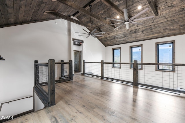3540 Mountain Tyme Way, Sevierville, TN 37862 - spare room with wood ceiling with exposed beams, a ceiling fan, high vaulted ceiling, and wood finished floors